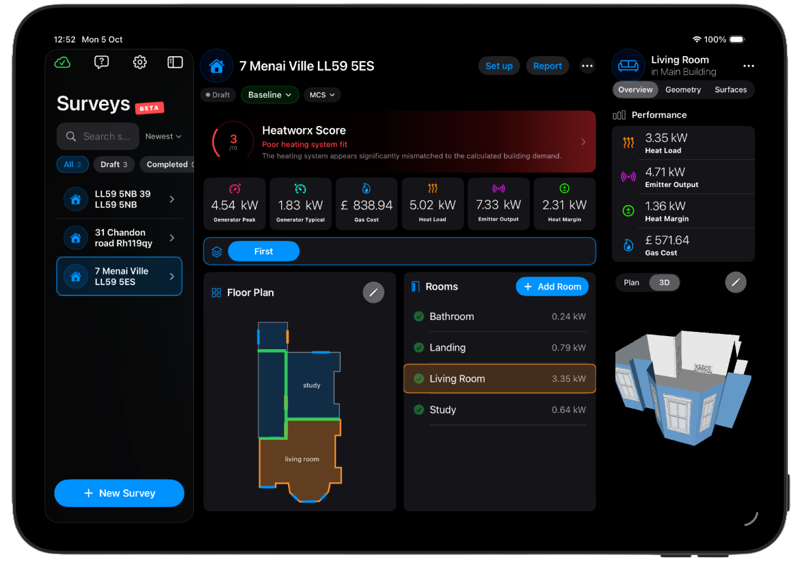 Heatworx on iPad showing a heating survey with room-by-room heat loss, a floor plan and a 3D room view